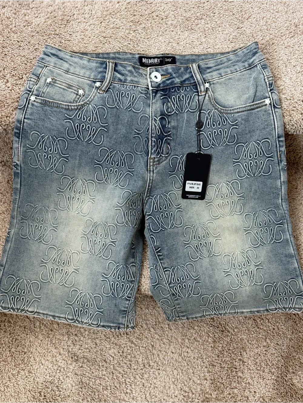 Denim Light Blue Embroidered Jean Shorts for Men